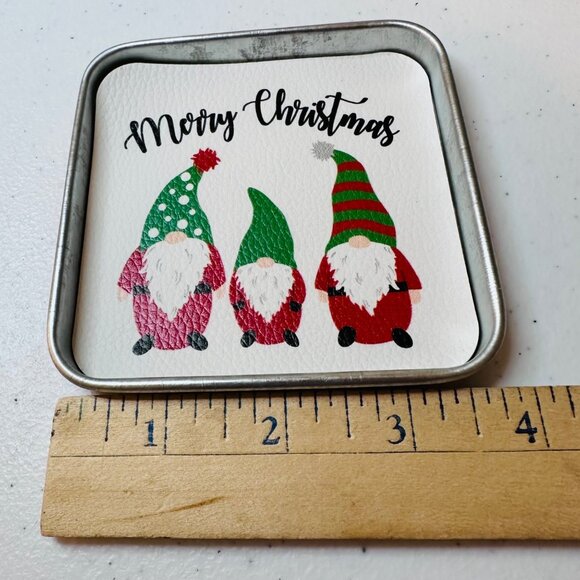 Holiday Christmas Gnome Coaster Set 4 tin coasters plus holder with handle - Picture 7 of 14